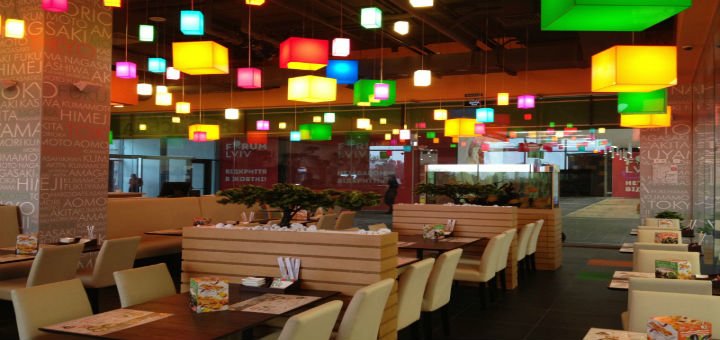 The interior of the restaurant "Sushiya". Order sushi for stock.
